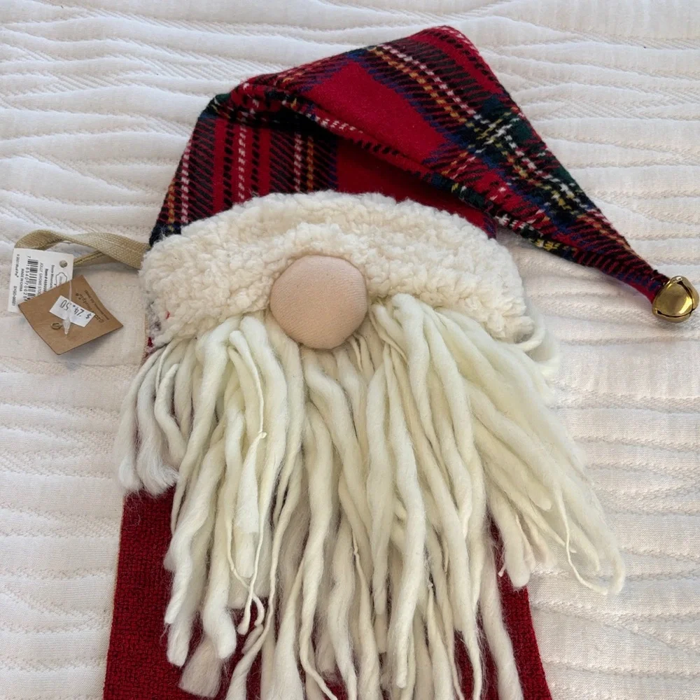 Mud Pie Red Gnome Santa Stocking with Plaid Hat and Fuzzy Beard NWT